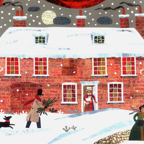 Tarjeta navideña tradicional de JANE AUSTEN, Orgullo y prejuicio, Casa de los escritores, Escena de nieve de Chawton Cottage, Collage de diseño de Amanda White