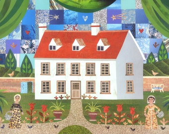 JANE AUSTEN Print of Steventon Rectory Garden, Sampler Style, Gift for Booklovers and Gardeners, Writer's House Collage, Amanda White Design