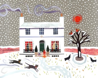 JOHN KEATS Christmas Snow Scene Holiday Card, Keats House Hampstead, Naive Art, Literary, Writers Houses, Cats, Amanda White Design Collage