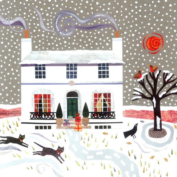 JOHN KEATS Christmas Snow Scene Holiday Card, Keats House Hampstead, Naive Art, Literary, Writers Houses, Cats, Amanda White Design Collage