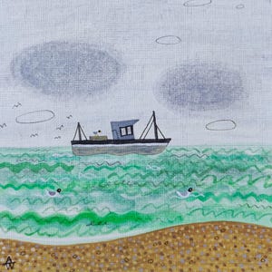 VENDITA STUDIO, schizzo di paesaggio marino naif con barca da pesca, tecnica mista, disegno di Amanda White, spiaggia, guazzo, opera d'arte originale, il mare