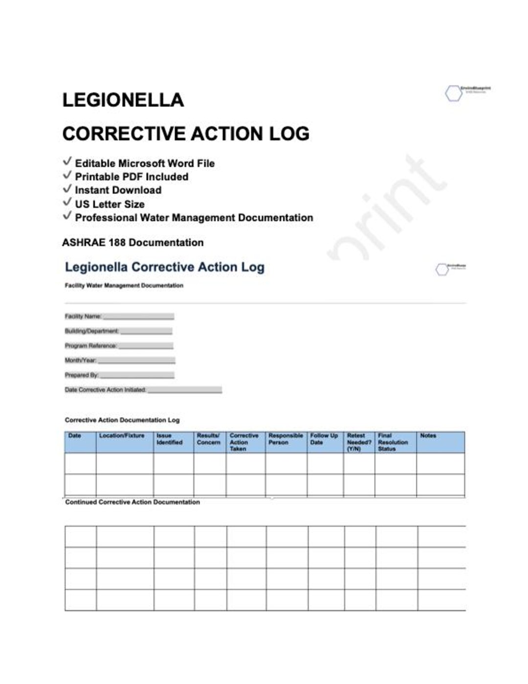 Legionella Testing Form Legionella Corrective Action Log | ASHRAE 188 Water Management Form ...