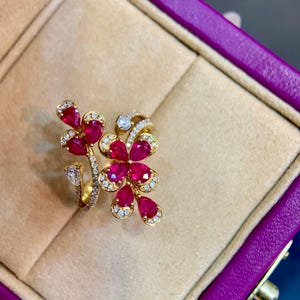 18K White Gold Ruby Statement Ring - 1.80ct Natural Red Ruby - Trendy Floral Anniversary Ring for Women with 0.386ct Real Diamonds
