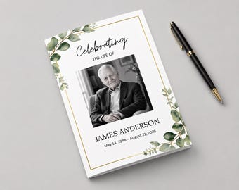 Greenery Funeral Program Template, Celebration of Life Booklet (Digital Download)