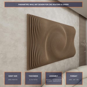 May include: A brown, parametric wall art design for CNC routers and lasers. The artwork features a wavy, three-dimensional design. The sheet size is 2440 x 1524 mm, with a thickness of 12/16/18 mm. Assembly options include outer and inner notch, and the format is DWG-DXF-PDF.