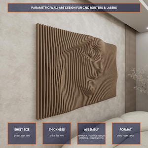 May include: A brown, parametric wall art design for CNC routers and lasers. The artwork features a face design made of vertical wooden slats. The sheet size is 2440 x 1524 mm, with a thickness of 12/16/18 mm. The assembly options are outer or inner notch.