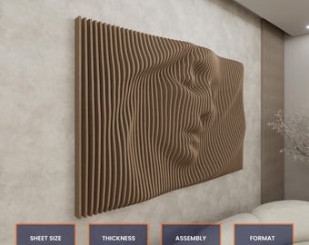 May include: A brown, parametric wall art design for CNC routers and lasers. The artwork features a face design made of vertical wooden slats. The sheet size is 2440 x 1524 mm, with a thickness of 12/16/18 mm. The assembly options are outer or inner notch.