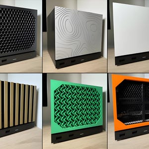 May include: A collection of six computer cases featuring various front panel designs including a black honeycomb mesh, a silver topographic pattern, a solid white panel, vertical gold slats, a green wavy lattice, and an orange frame with black mesh.
