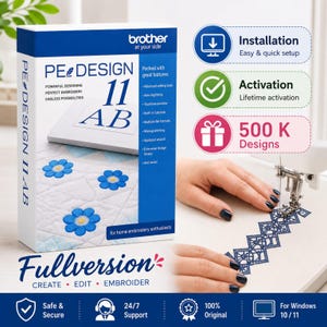 Könnte beinhalten: Eine Brother PE-DESIGN 11 AB Software-Box mit blau-weißer Gestaltung, Text zu Funktionen wie Auto-Digitalisierung und 500 K Designs sowie ein Bild einer blauen Blumenstickerei. Die Box enthält Hinweise zur Installation und Aktivierung.