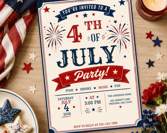 4. Juli Party Einladung, Patriotische BBQ-Einladung, bearbeitbare Vorlage (Digitaler Download)