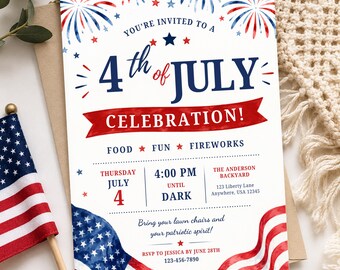 May include: A patriotic 4th of July invitation with red, white, and blue watercolor elements. The invitation includes the text "You're Invited to a 4th of July Celebration!" and event details. An American flag is in the image.