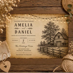 May include: A rustic wedding invitation with the names Amelia and Daniel, featuring a barn illustration. The invitation includes the date, time, and location: The Heritage Farm, Franklin, Tennessee. The design is vintage with string lights.