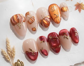 Metallic Pumpkin Press-on Nails, False Nails, Party Costume, Red Chrome Style, Gift For Halloween