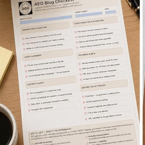 May include: A printed AEO Blog Checklist on a wooden surface, with a pen and a small potted plant. The checklist includes sections for article title, target query, and answer-first structure, among others.