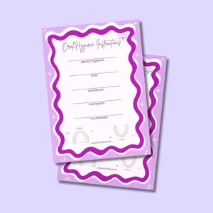 May include: Two rectangular paper sheets featuring the text Oral Hygiene Instructions, a butterfly icon, and lines for dental hygienist, floss, toothbrush, toothpaste, and mouthwash. The design includes a wavy purple border and small star icons.