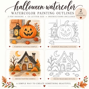 Op de afbeelding: Halloween aquarel schildersjablonen met twee PDF-ontwerpen in US letter-formaat. De set bevat een geschilderd voorbeeld en een overtrekbare omtrek van een pompoen met lantaarn, en een geschilderd voorbeeld en omtrek van een huis met een maan.