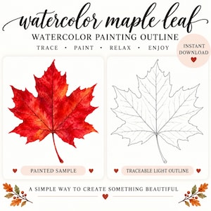 May include: A digital art template titled watercolor maple leaf featuring a red watercolor maple leaf as a painted sample and a black line drawing as a traceable light outline. The text includes trace, paint, relax, enjoy, and instant download.