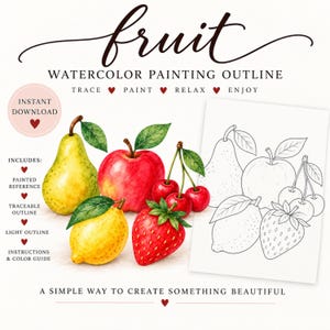 Op de afbeelding: Een digitale kunstset getiteld fruit watercolor painting outline met een gele peer, rode appel, rode kersen, gele citroen en rode aardbei. Bevat een zwart-wit lijntekening om over te trekken, met de tekst: trace, paint, relax, enjoy.