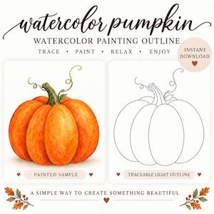 以下が含まれることがあります： watercolor pumpkin, watercolor painting outline, trace, paint, relax, enjoy, instant downloadというタイトルのデジタルアートガイド。鮮やかなオレンジ色の水彩画のかぼちゃと、なぞり書き用の黒い線画の輪郭が描かれています。