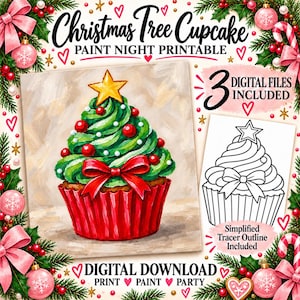 May include: A digital download featuring a Christmas Tree Cupcake paint night printable. The image shows a painted cupcake with green frosting, a red bow, and a yellow star topper, alongside a black and white tracer outline of the same design.