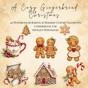 May include: A collection of 40 watercolor gingerbread-themed clipart elements featuring a mug with a gingerbread person, a pair of gingerbread figures, a gingerbread person with an apron, a gift box of cookies, a gingerbread house, and a candy cane.