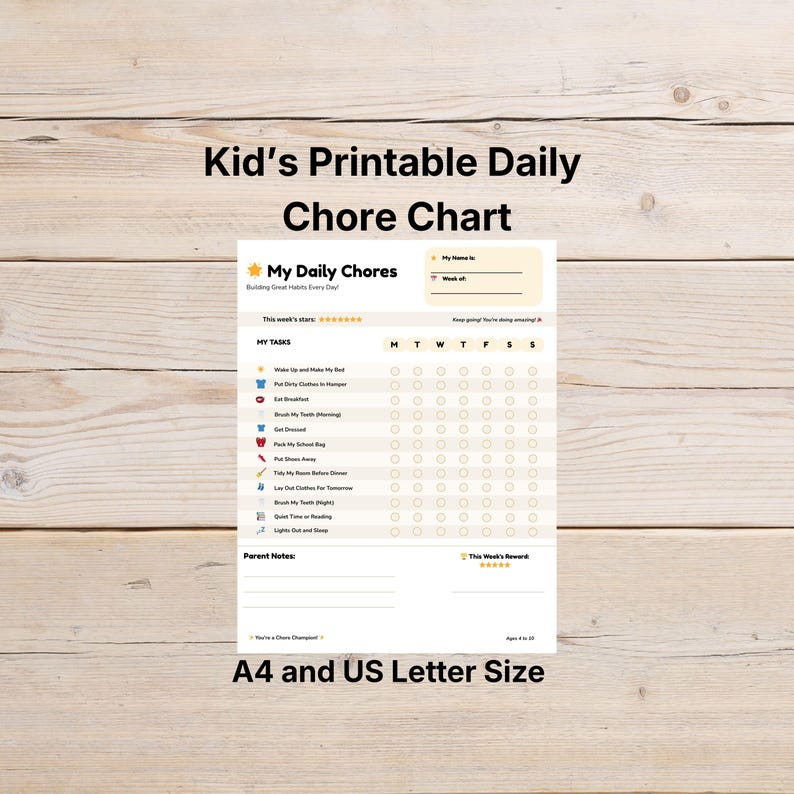 Kids Weekly Chore Chart Printable | Daily Routine Tracker (4 Colors ...