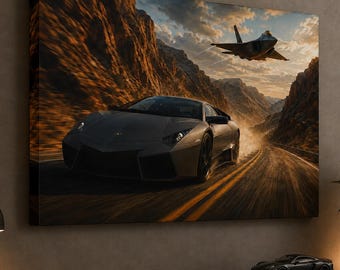 Impresión en lienzo mate del Lamborghini Reventón frente al avión de combate F-22