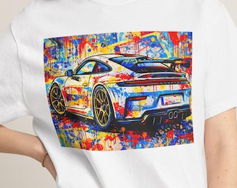 Camiseta colorida con estampado de coche deportivo GT3 estilo Pop Art / Camiseta con gráfico de coche de carreras