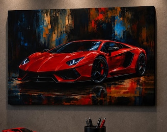 Pintura al óleo de un Lamborghini Aventador rojo sobre lienzo mate estirado / Arte automotriz moderno