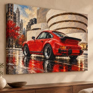May include: A rectangular canvas wall art print featuring an oil painting of a bright red sports car parked on a wet city street. The background displays a large white spiral building and tall city skyscrapers with vibrant red autumn trees.
