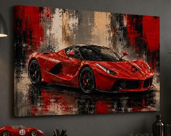 Impresión en lienzo con diseño de pintura al óleo del superdeportivo La Ferrari rojo / Arte automovilístico moderno