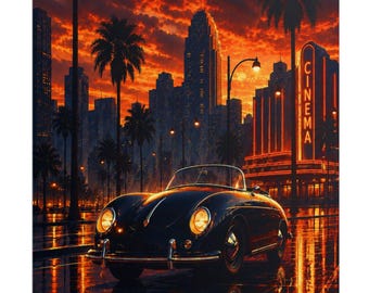 Póster vintage de 1957 de Speedster al atardecer / Póster enrollado, paisaje urbano neón, palmeras