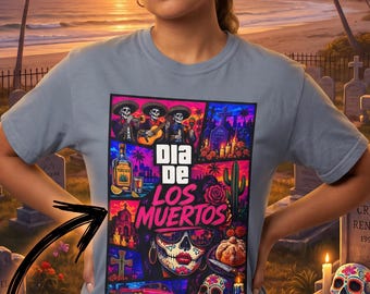 Camiseta gráfica del Día de los Muertos / Calavera de Azúcar, Arte del Altar de Neón