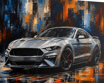 Póster conmemorativo de la pintura al óleo del Mustang plateado / Arte mural automotriz enrollado, fondo urbano contemporáneo