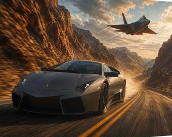 Póster/Arte de pared sobre coches deportivos: Lamborghini Reventón (superdeportivo) vs. avión de combate F-22.