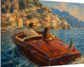Póster enrollado de pareja en un barco de puros vintage / Paisaje marino de la costa amalfitana Riva Print