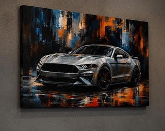 Impresión en lienzo conmemorativa de una pintura al óleo del Mustang plateado - Arte de coches deportivos