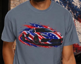 Camiseta con la bandera estadounidense y el Corvette haciendo burnout / Arte automovilístico patriótico