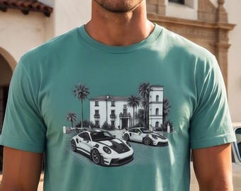 Camiseta con ilustración a pluma y tinta de Porsche GT3 en Santa Bárbara