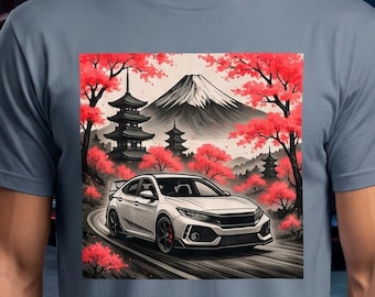 Camiseta Civic Type R con estampado de flores de cerezo / Arte automovilístico japonés con la pagoda del Monte Fuji