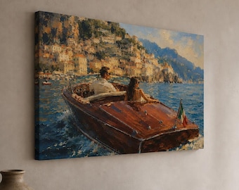Cuadro en lienzo: Pareja en un barco Riva - Escena vintage de la costa de Amalfi