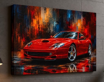Lienzo con imagen del deportivo Maranello 550 rojo / Cuadro decorativo de pared con acabado mate estirado para automóviles