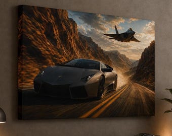 Lamborghini Reventon vs F-22 Fighter Jet Matte Canvas Print