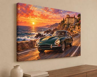 Cuadro decorativo vintage de Jaguar en lienzo - Arte automovilístico de la autopista costera en color verde British Racing Green