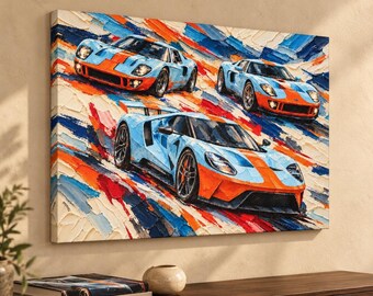 Ford GT Generations Oil Paint Canvas Print - GT40 and Gulf Racing Inspired Automotive Art