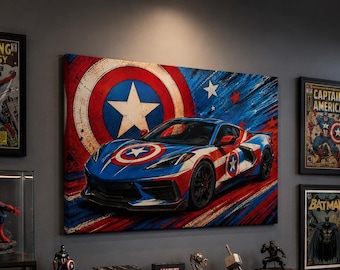 Lienzo impreso del Capitán Corvette C8 estilo cómic / Arte automotriz moderno