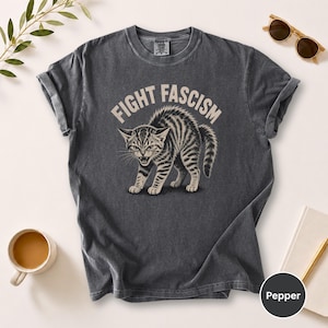 May include: Dark grey t-shirt with the text "FIGHT FASCISM" above a detailed illustration of an angry cat. The cat is grey and black striped. The shirt is folded at the sleeves.