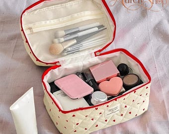 Set gewatteerde make-uptas met hartprint: Coquette Cosmetic Organizer-draagtas, reisetui