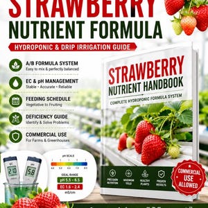 以下が含まれることがあります： 「Strawberry Nutrient Handbook」というタイトルの本と、水耕栽培と点滴灌漑のガイドの画像。表紙には熟したイチゴが描かれています。画像には、栄養素の配合、pHレベル、農場や温室での商業利用に関するテキストも含まれています。