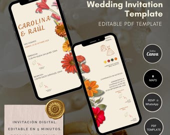 Wildflower Wedding Invitation Template Editable Mobile Invite | Terracotta Floral Wedding | Digital Wedding Invitation
